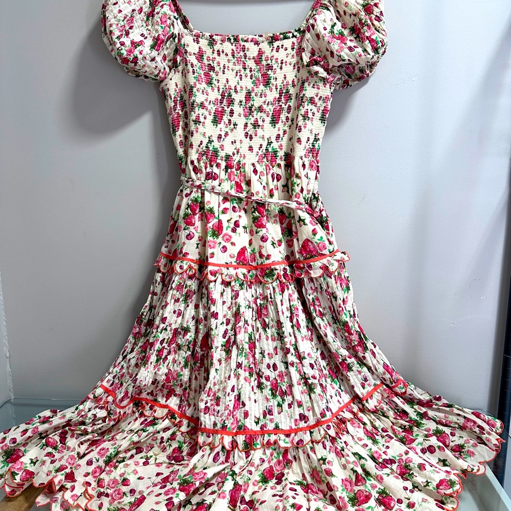 LoveShackFancy Masie Shirred Midi Dress S – Like New, Pink Floral, Retails $515